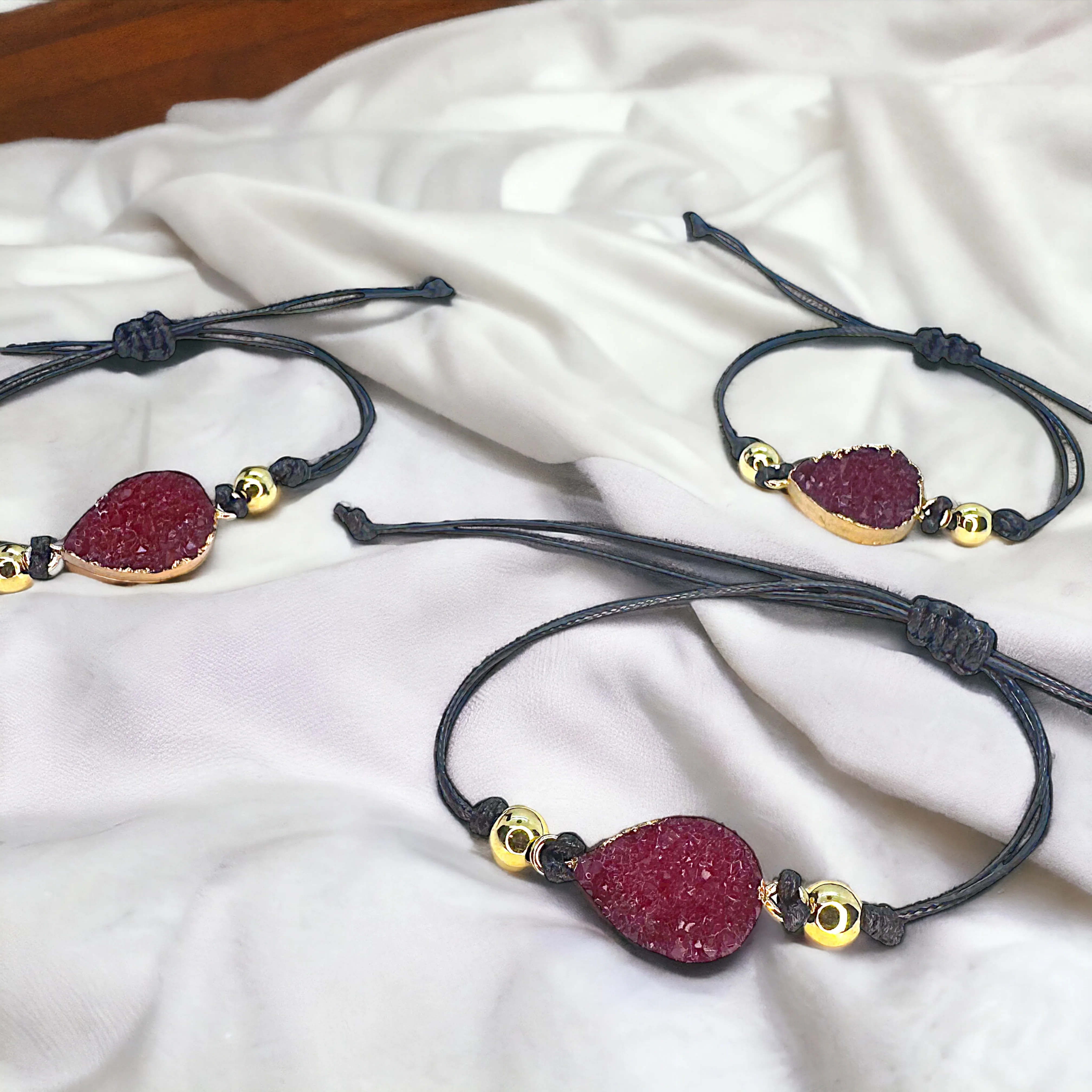 Black Leather Bracelet with Gold and Fuchsia Charm