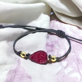 Black Leather Bracelet with Gold and Fuchsia Charm