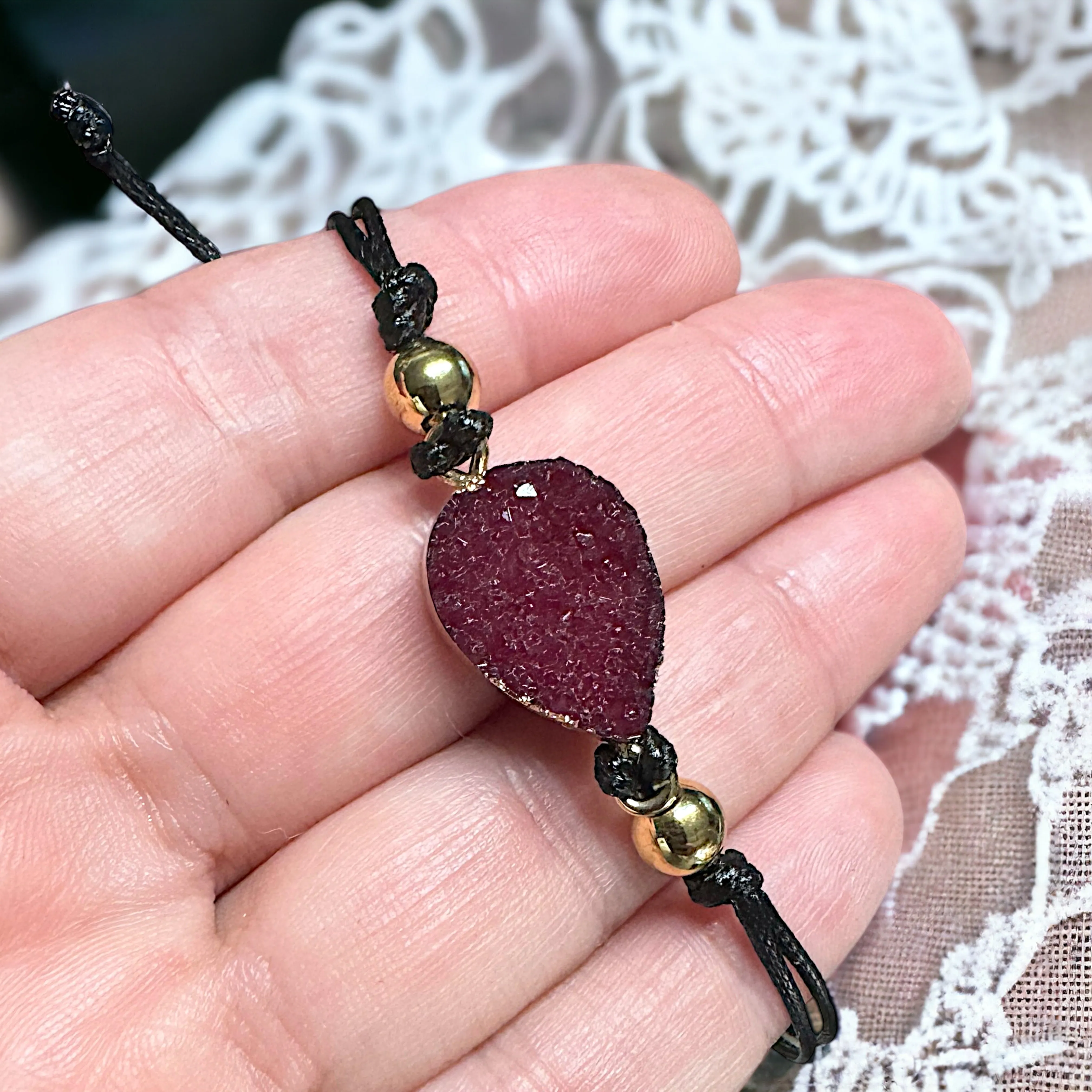 Black Leather Bracelet with Gold and Fuchsia Charm