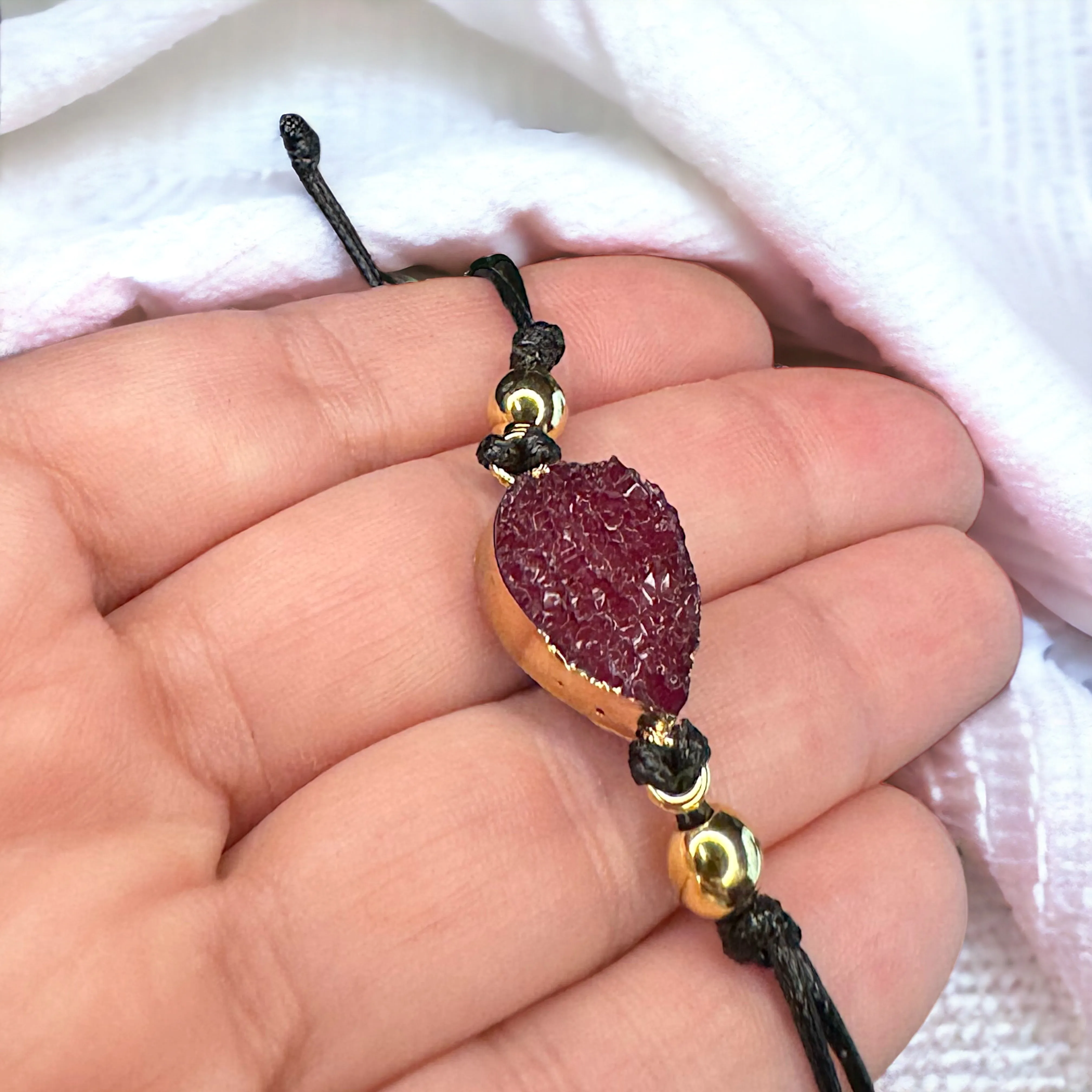 Black Leather Bracelet with Gold and Fuchsia Charm