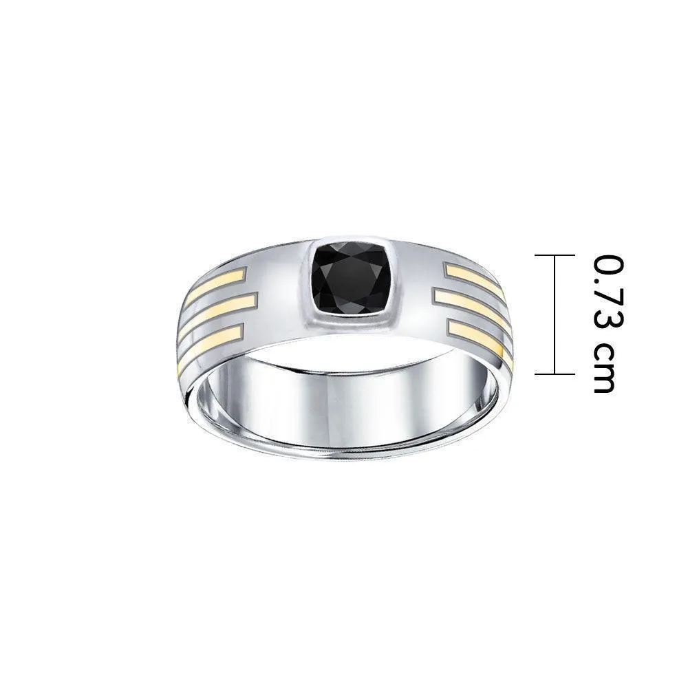 Black Magic Rectangle Solitare Silver & Gold Ring MRI479