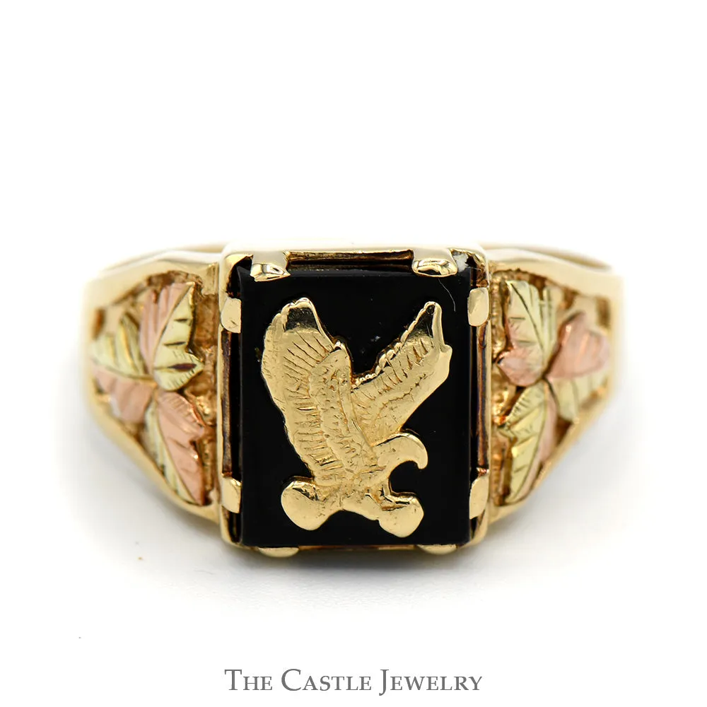 Black Onyx Eagle Men's Ring with Two Tone Leaf Designed Sides in 10k Yellow and Rose Gold