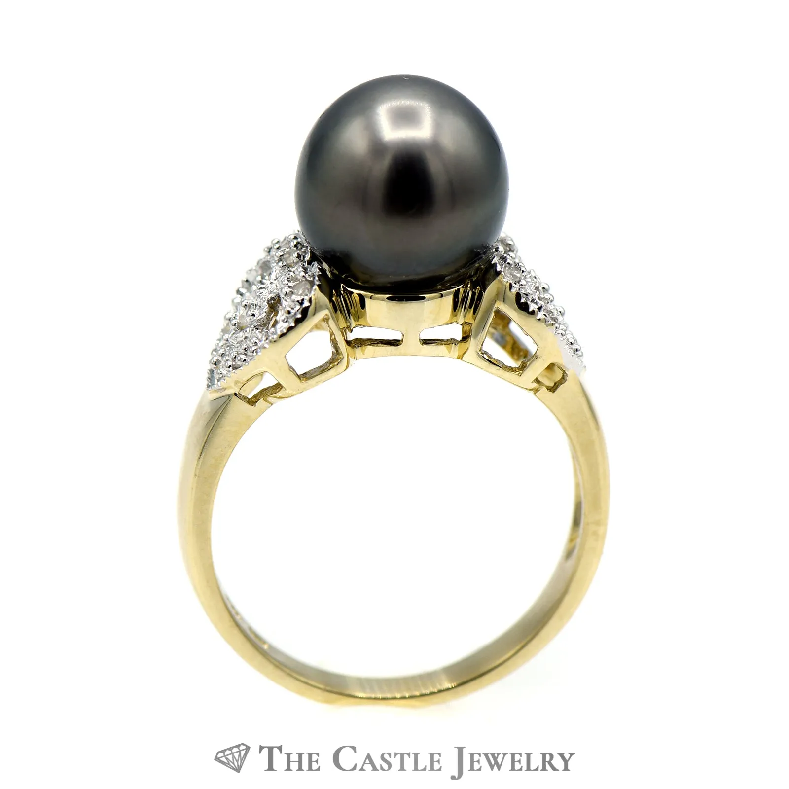 Black Pearl Ring with Diamond Encrusted Heart Sides