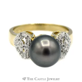 Black Pearl Ring with Diamond Encrusted Heart Sides