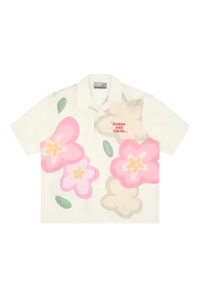 Cartoon Hand Painted Flower Cuban Shirt - Cream