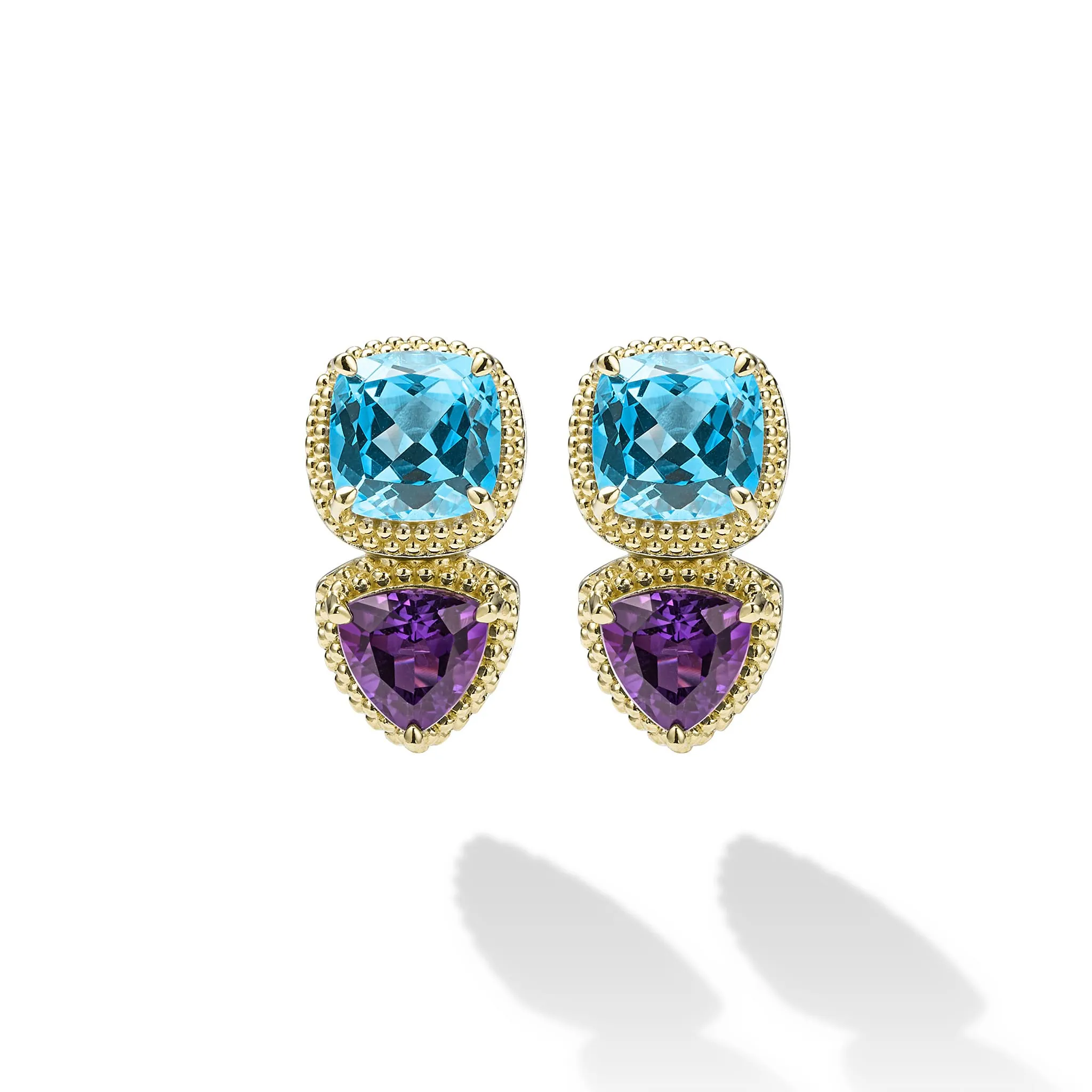 Caviar Color Two-Tone Amethyst and Swiss Blue Topaz Omega Clip Earrings