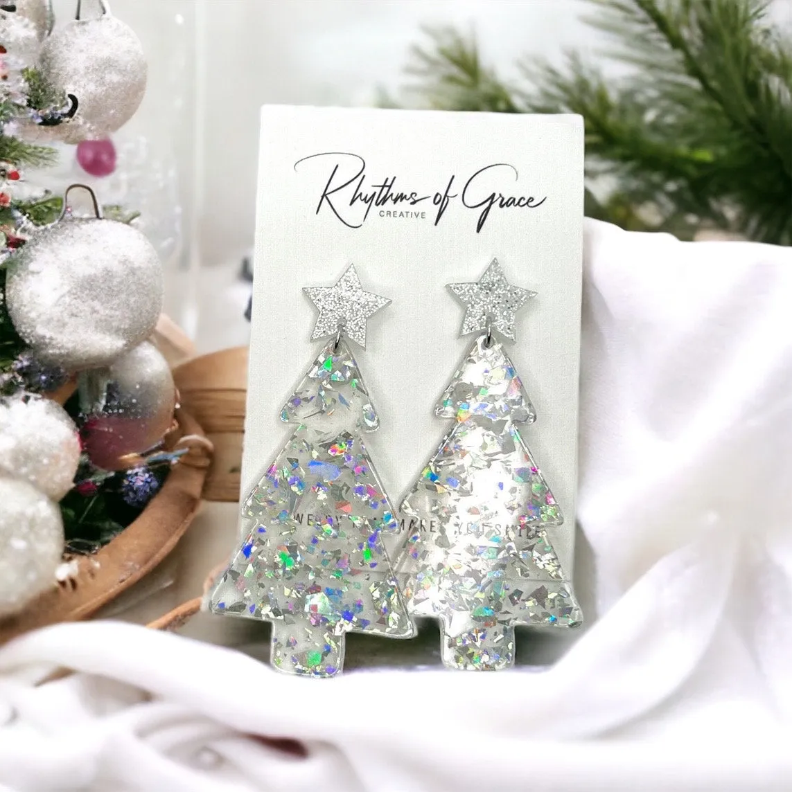 Christmas Tree Earrings - Christmas Earrings, Rhinestone Christmas, Christmas Jewelry, Christmas Jewelry, Handmade Earrings, Glitter Trees