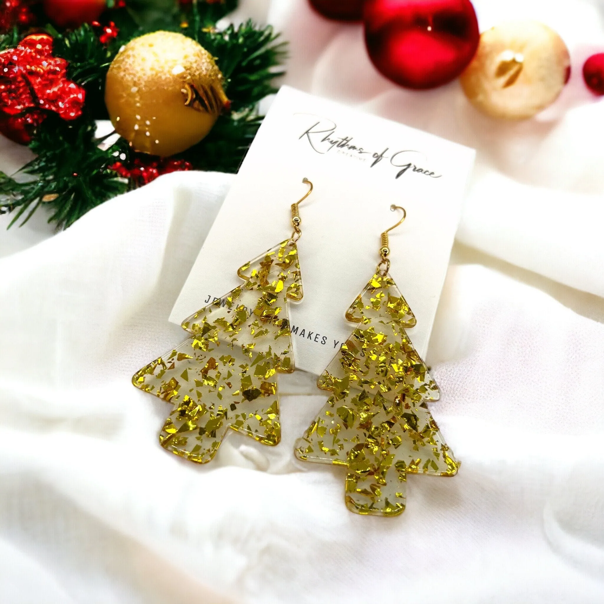 Christmas Tree Earrings - Christmas Earrings, Rhinestone Christmas, Christmas Jewelry, Christmas Jewelry, Handmade Earrings, Glitter Trees