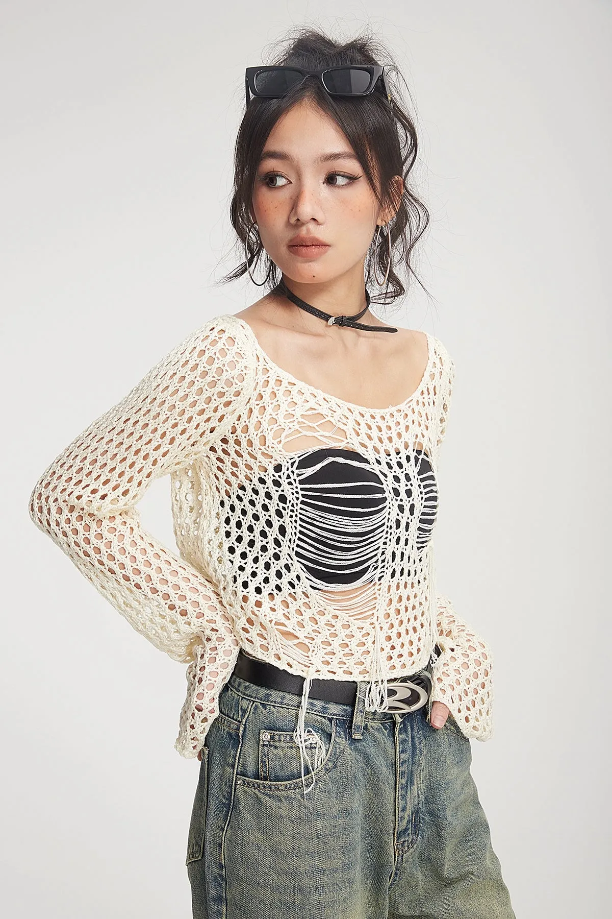 Crochet Knit Skeleton-Effect Long Sleeve Top