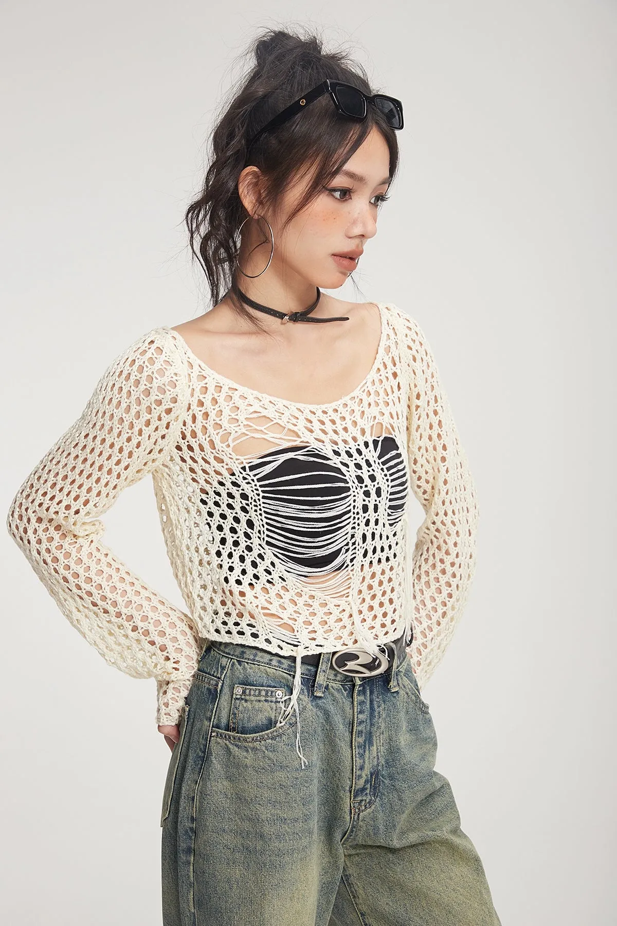 Crochet Knit Skeleton-Effect Long Sleeve Top