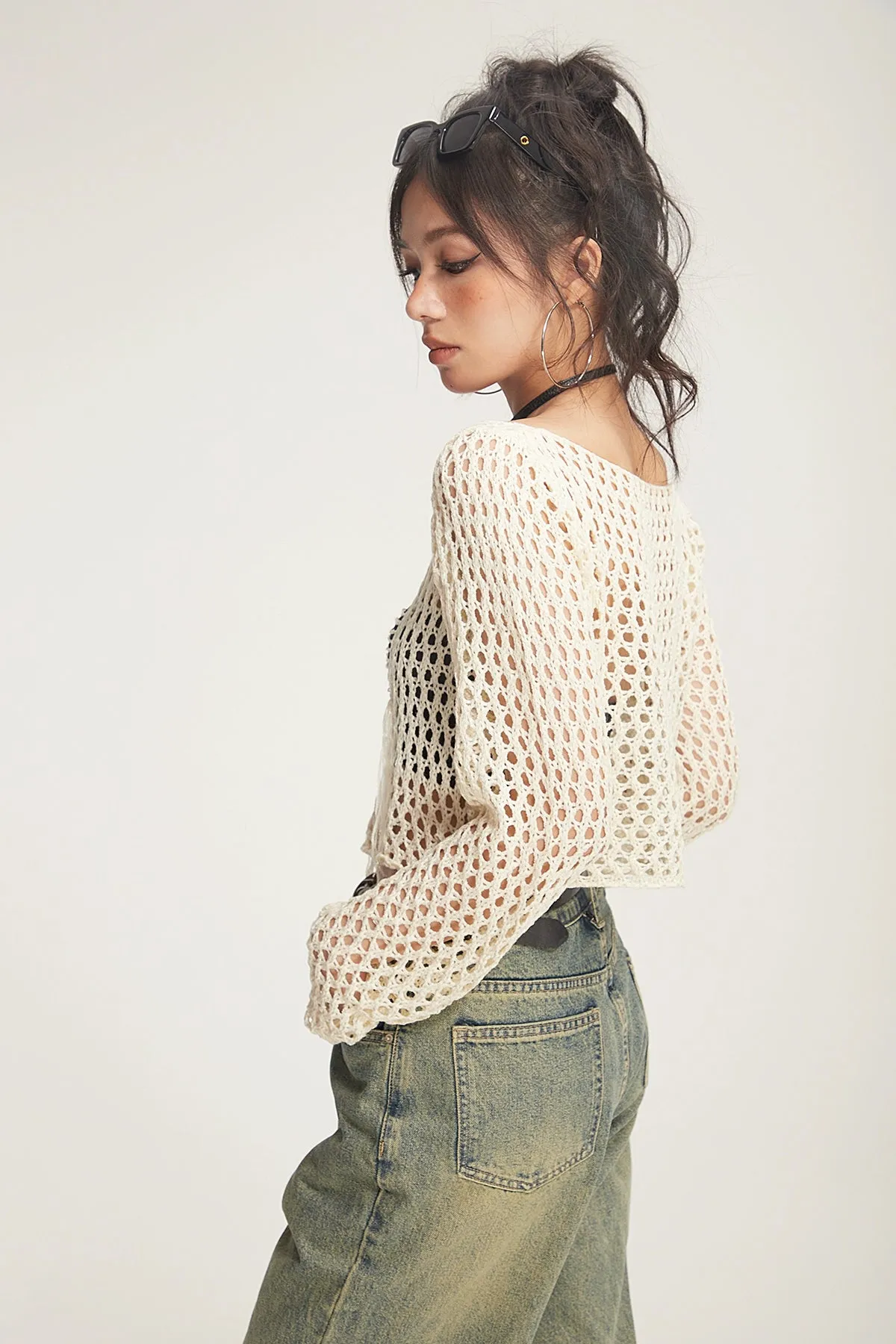 Crochet Knit Skeleton-Effect Long Sleeve Top