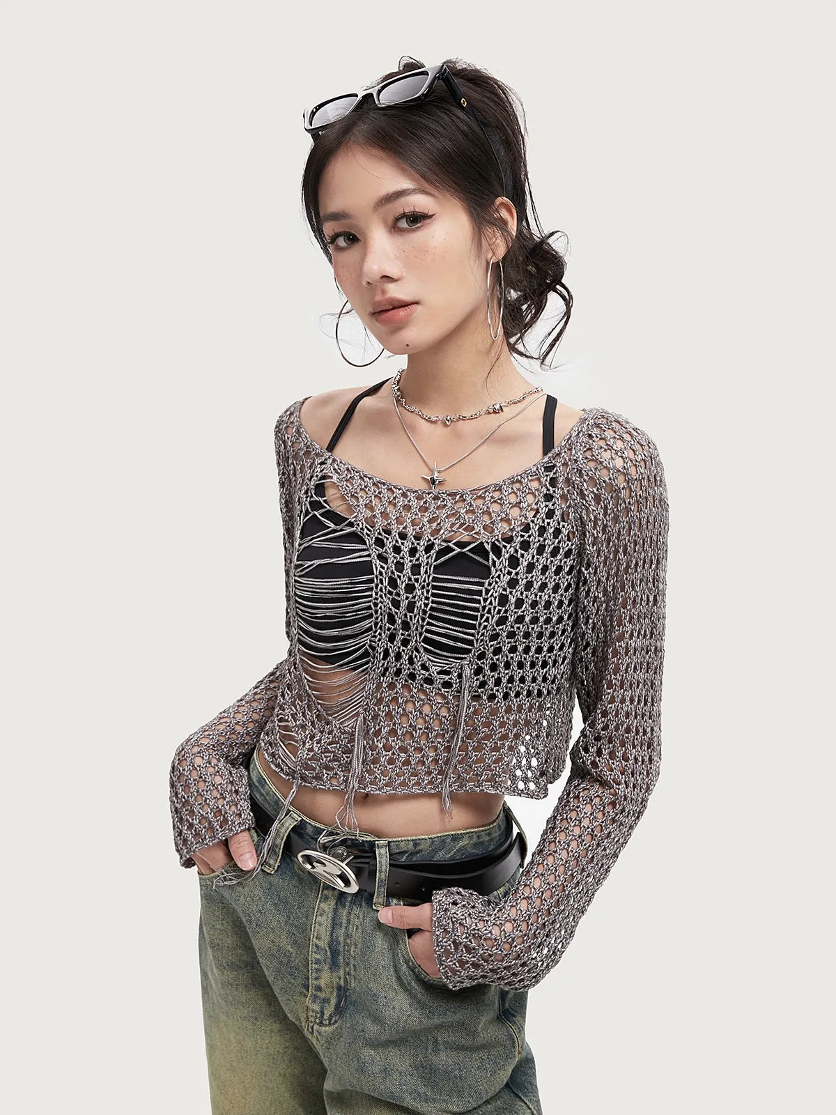 Crochet Knit Skeleton-Effect Long Sleeve Top