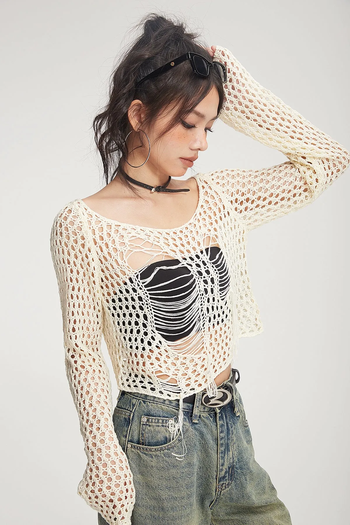 Crochet Knit Skeleton-Effect Long Sleeve Top