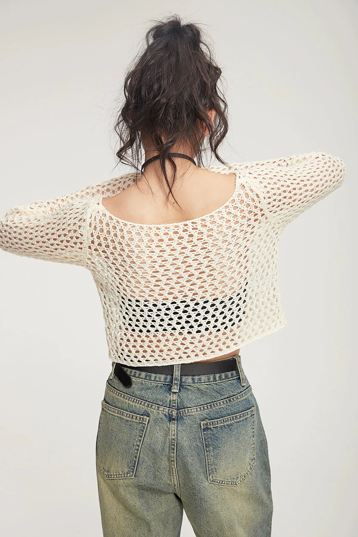 Crochet Knit Skeleton-Effect Long Sleeve Top