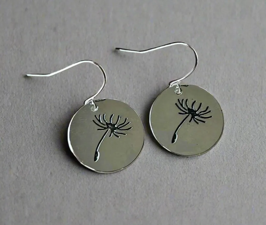 Dainty Round Silver Wildflower Dangle Earrings