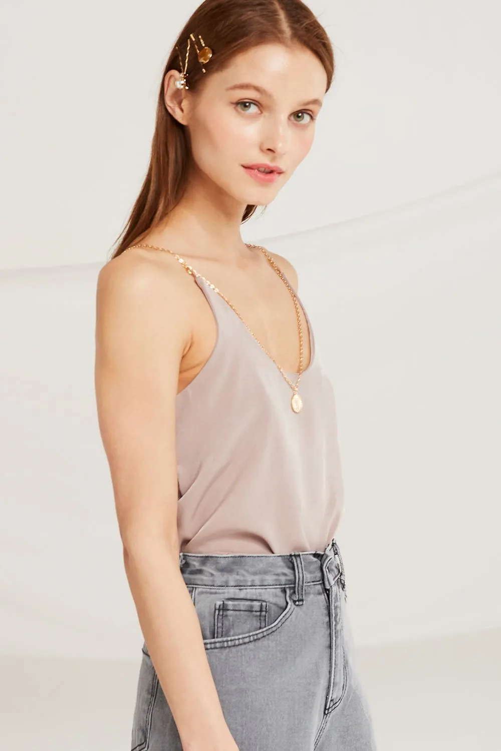 Dalary Satin Cami Top w/ Necklace Chain