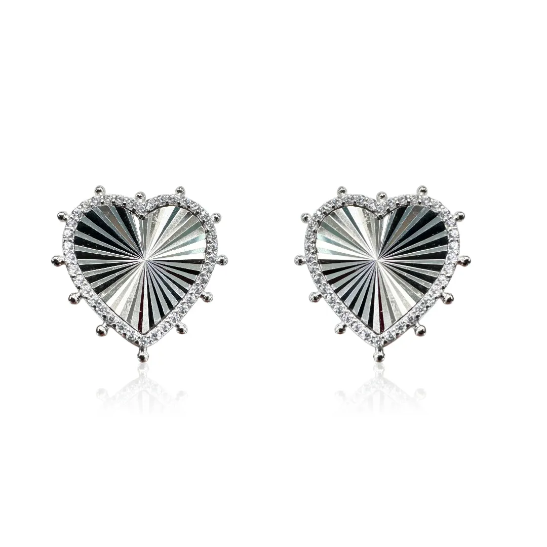 Diamond Cut Heart Earrings with CZ Halo and Ball Spikes - Gold or Silver