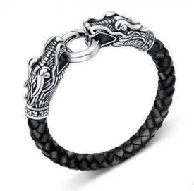 Dueling Dragons Titanium Leather Rope Bracelet for Men