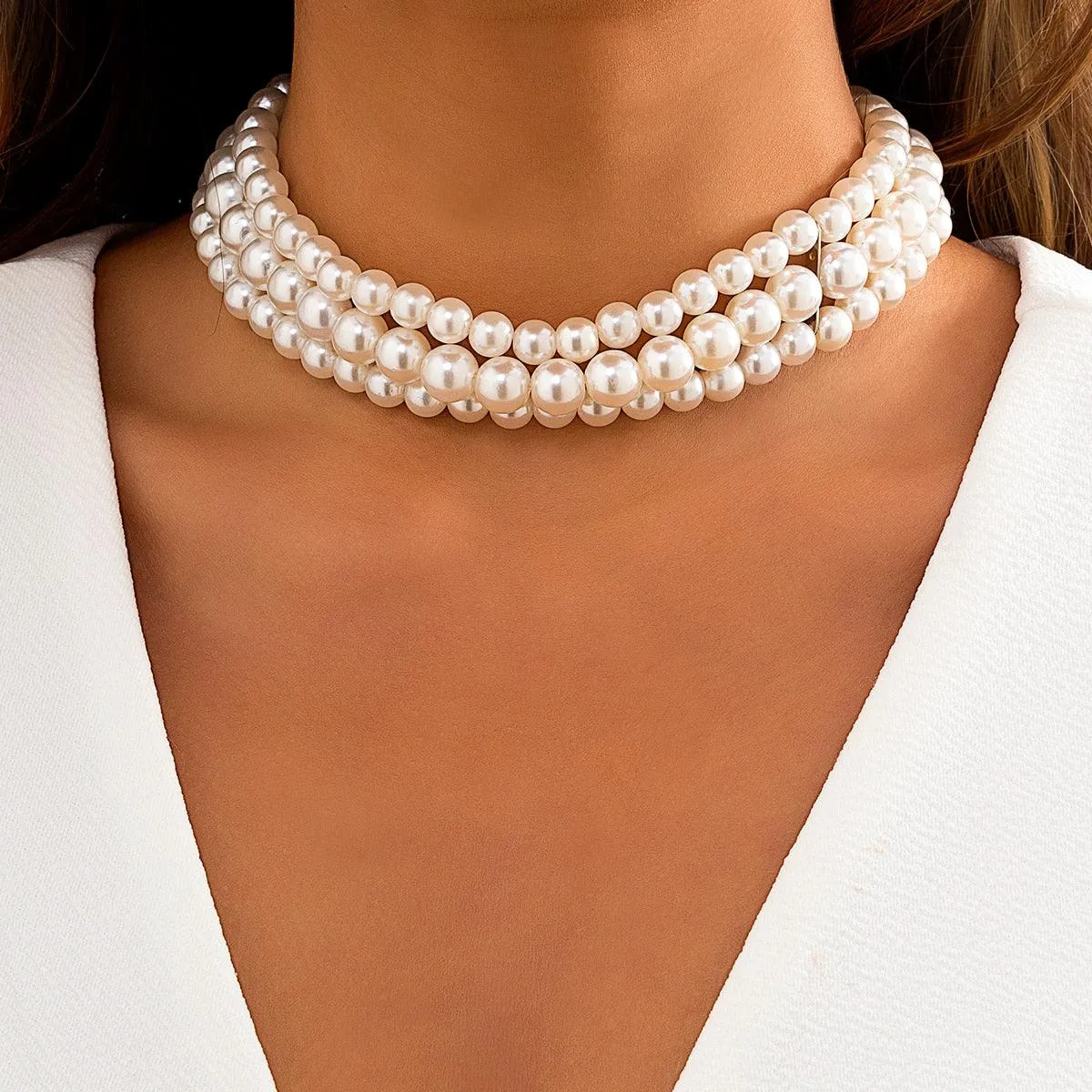 Elegant Multilayer Pearl Chain Necklace, Vintage Wedding Fashion Statement Choker