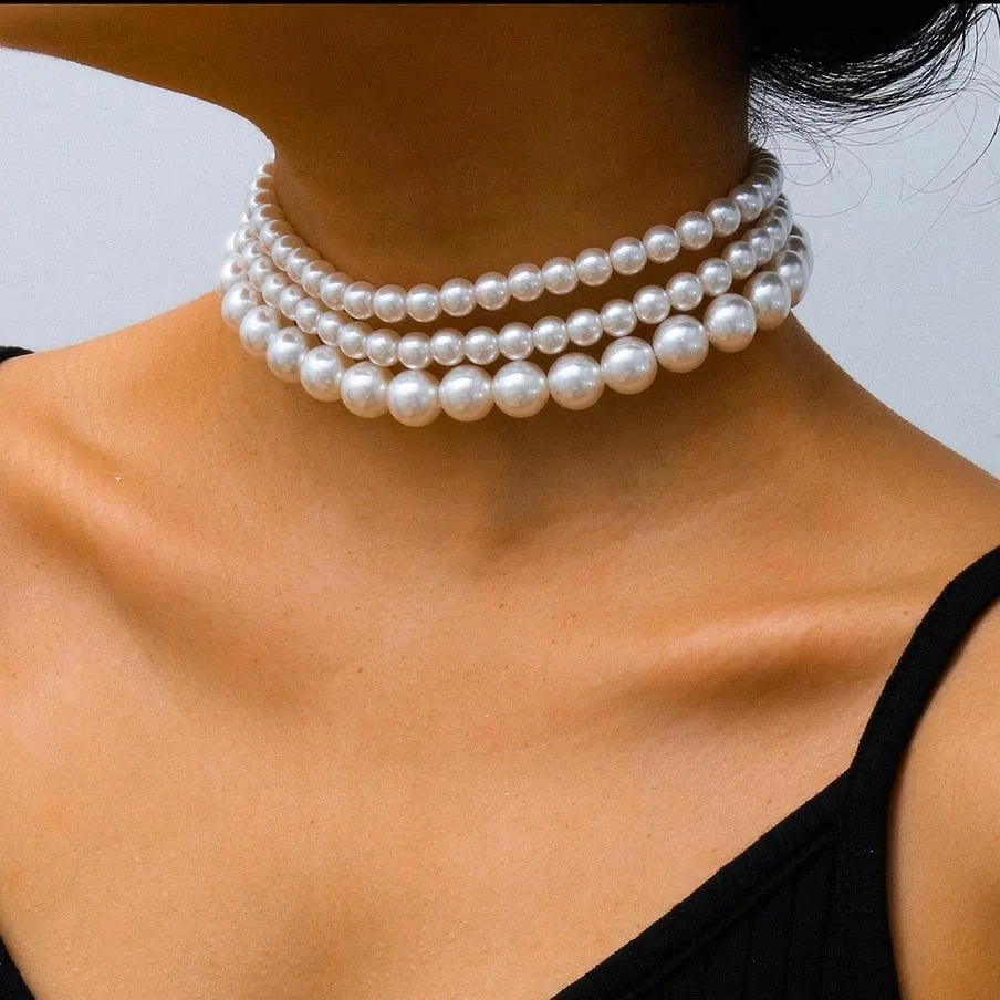 Elegant Multilayer Pearl Chain Necklace, Vintage Wedding Fashion Statement Choker