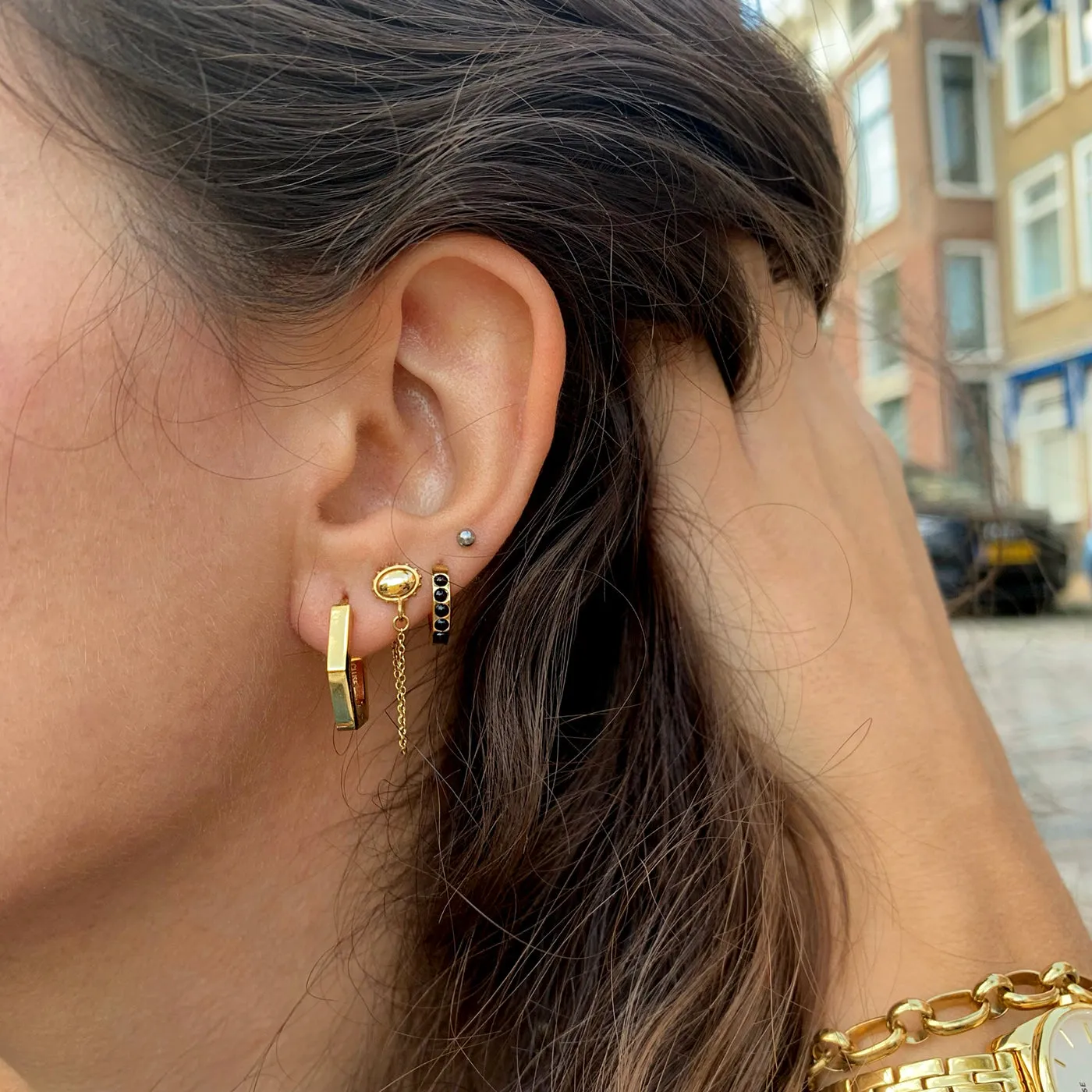 Essentielle Chain Stud Earrings, Gold Colour