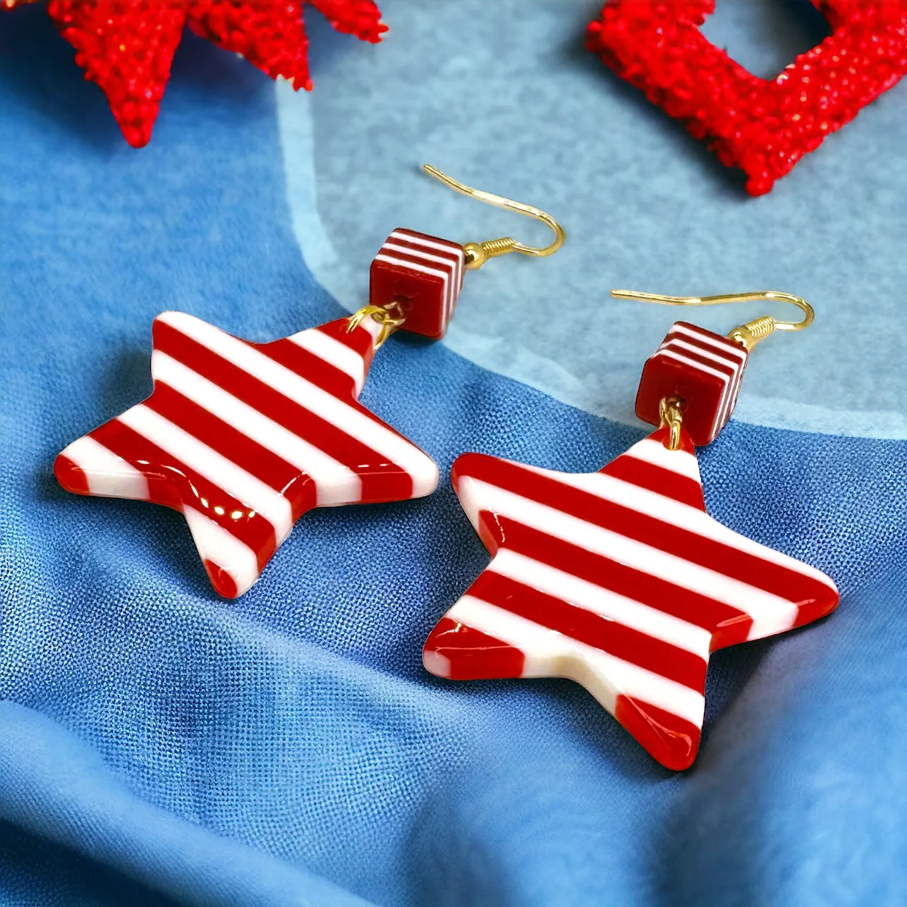 Eye-Catching Red & White Striped Dangle Star Earrings - Stainless Steel & Acrylic