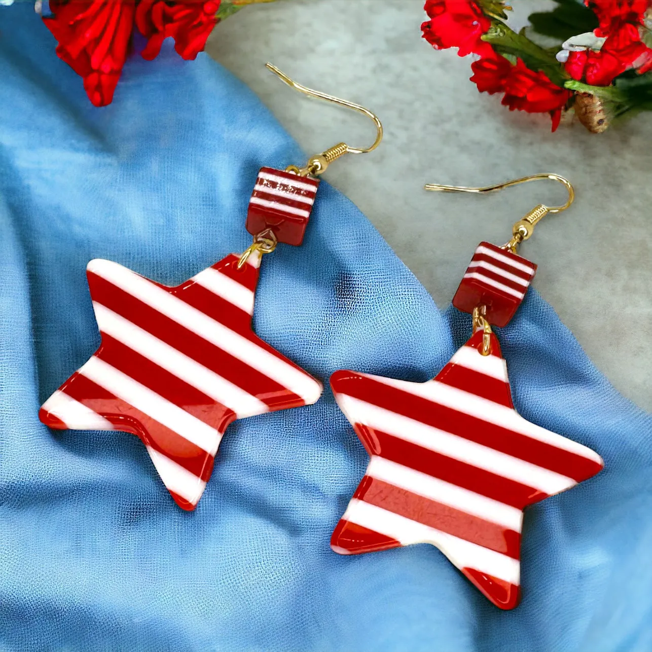 Eye-Catching Red & White Striped Dangle Star Earrings - Stainless Steel & Acrylic