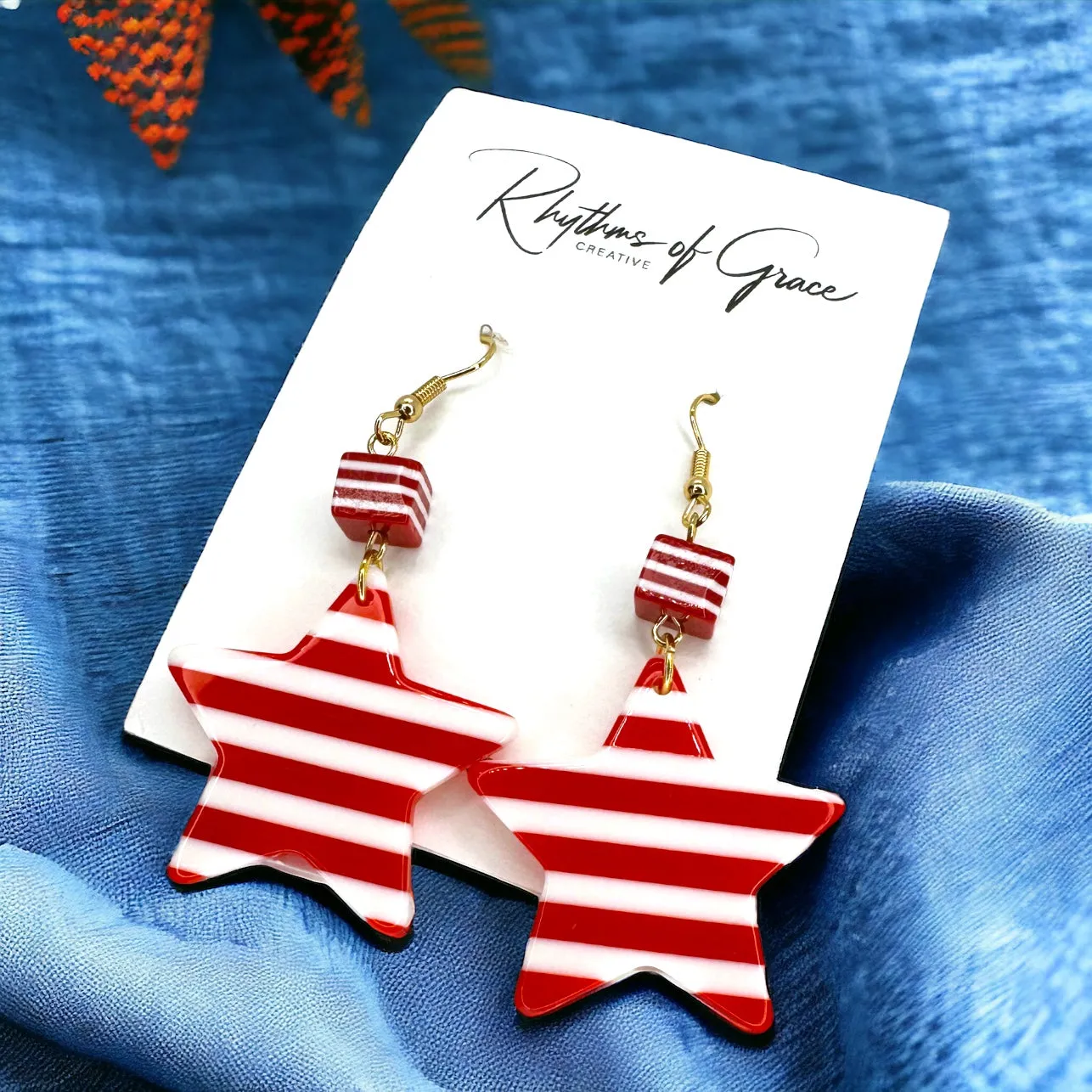 Eye-Catching Red & White Striped Dangle Star Earrings - Stainless Steel & Acrylic