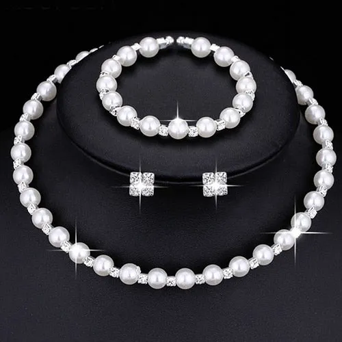 Fashion Wedding Pearl Silver Color Crystal Bracelet Necklace and Earrings Jewellery Set for Women