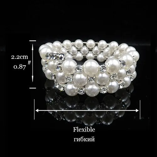 Fashion Wedding Pearl Silver Color Crystal Bracelet Necklace and Earrings Jewellery Set for Women