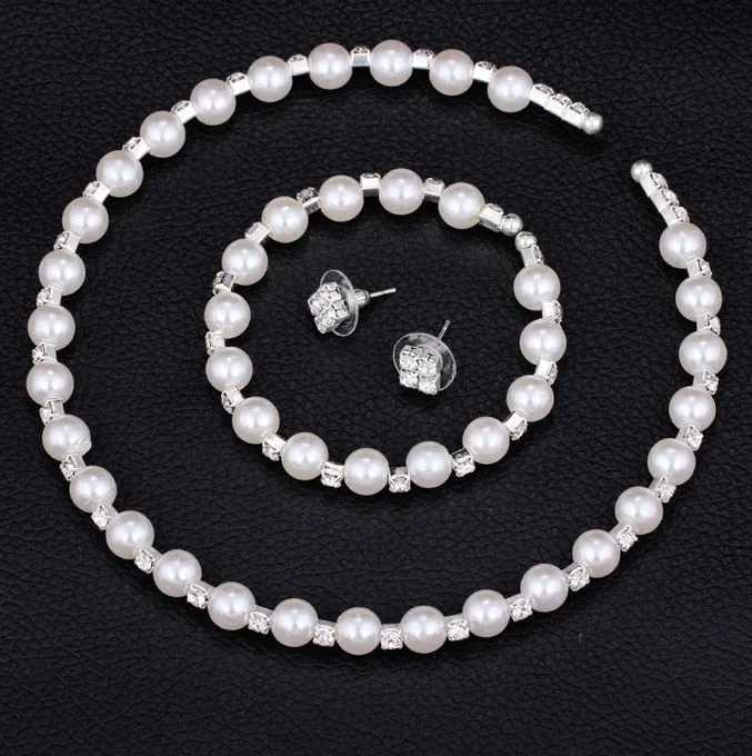 Fashion Wedding Pearl Silver Color Crystal Bracelet Necklace and Earrings Jewellery Set for Women