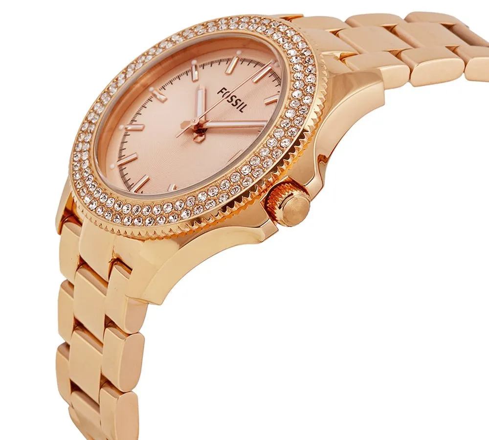 Fossil Retro Traveller Rose Gold-Tone Stainless Steel Rose Gold Dial Date Crystals Quartz Womens Watch AM4454