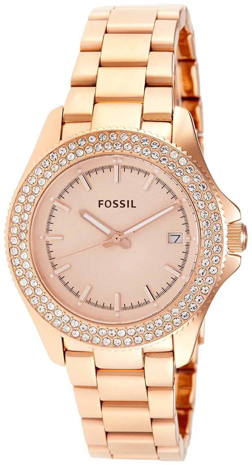 Fossil Retro Traveller Rose Gold-Tone Stainless Steel Rose Gold Dial Date Crystals Quartz Womens Watch AM4454