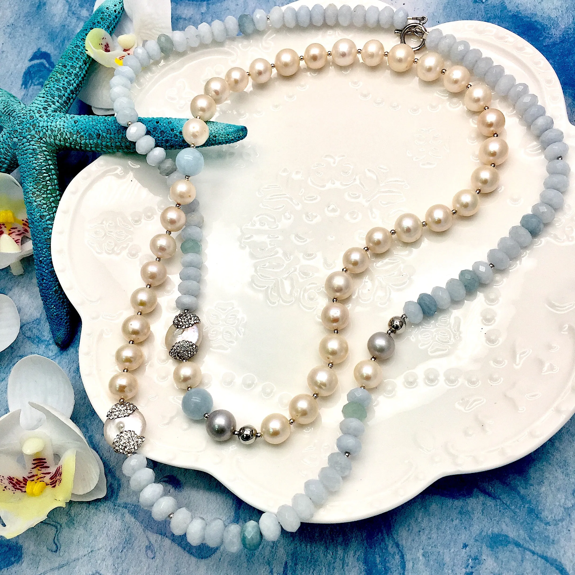 Freshwater Pearls With Aquamarine Long Necklace MN103