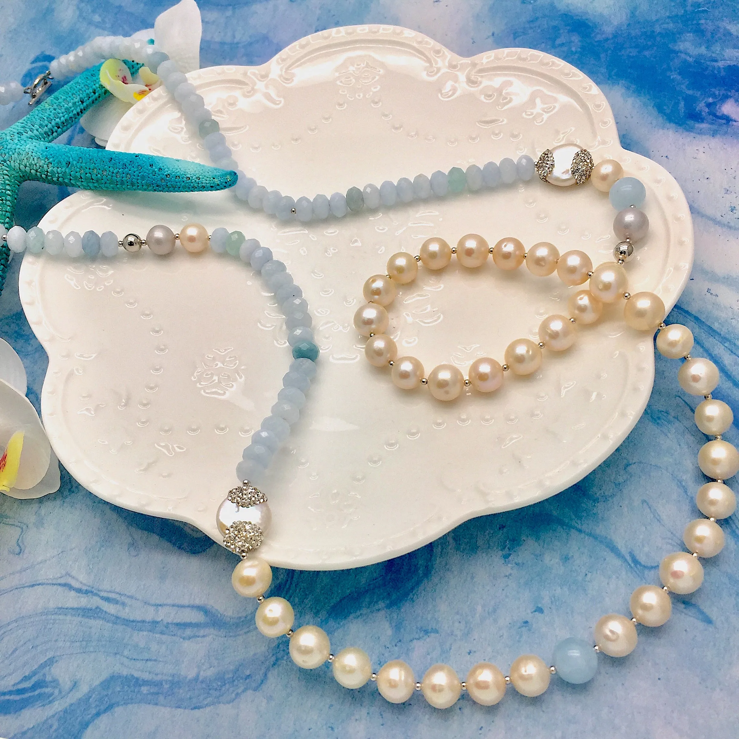 Freshwater Pearls With Aquamarine Long Necklace MN103