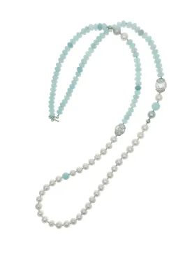 Freshwater Pearls With Aquamarine Long Necklace MN103