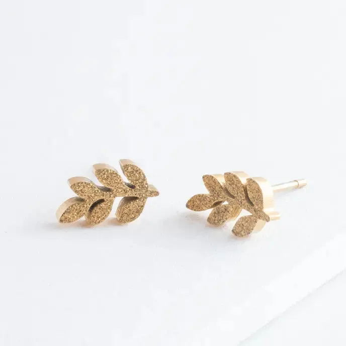 Frosted Leaf  Gold Stud Earrings