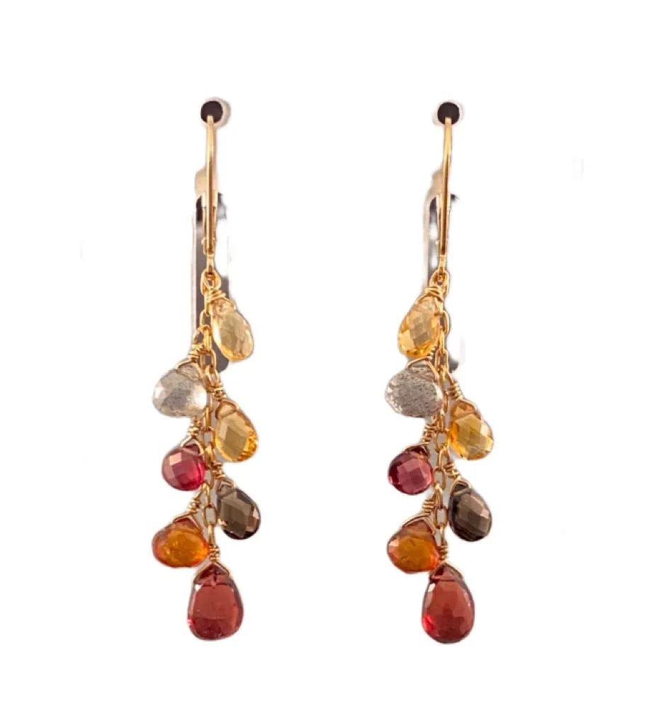 Garnet Citrine Smokey Quartz Yellow Gold Waterfall Gemstone Earrings