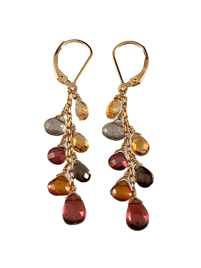 Garnet Citrine Smokey Quartz Yellow Gold Waterfall Gemstone Earrings