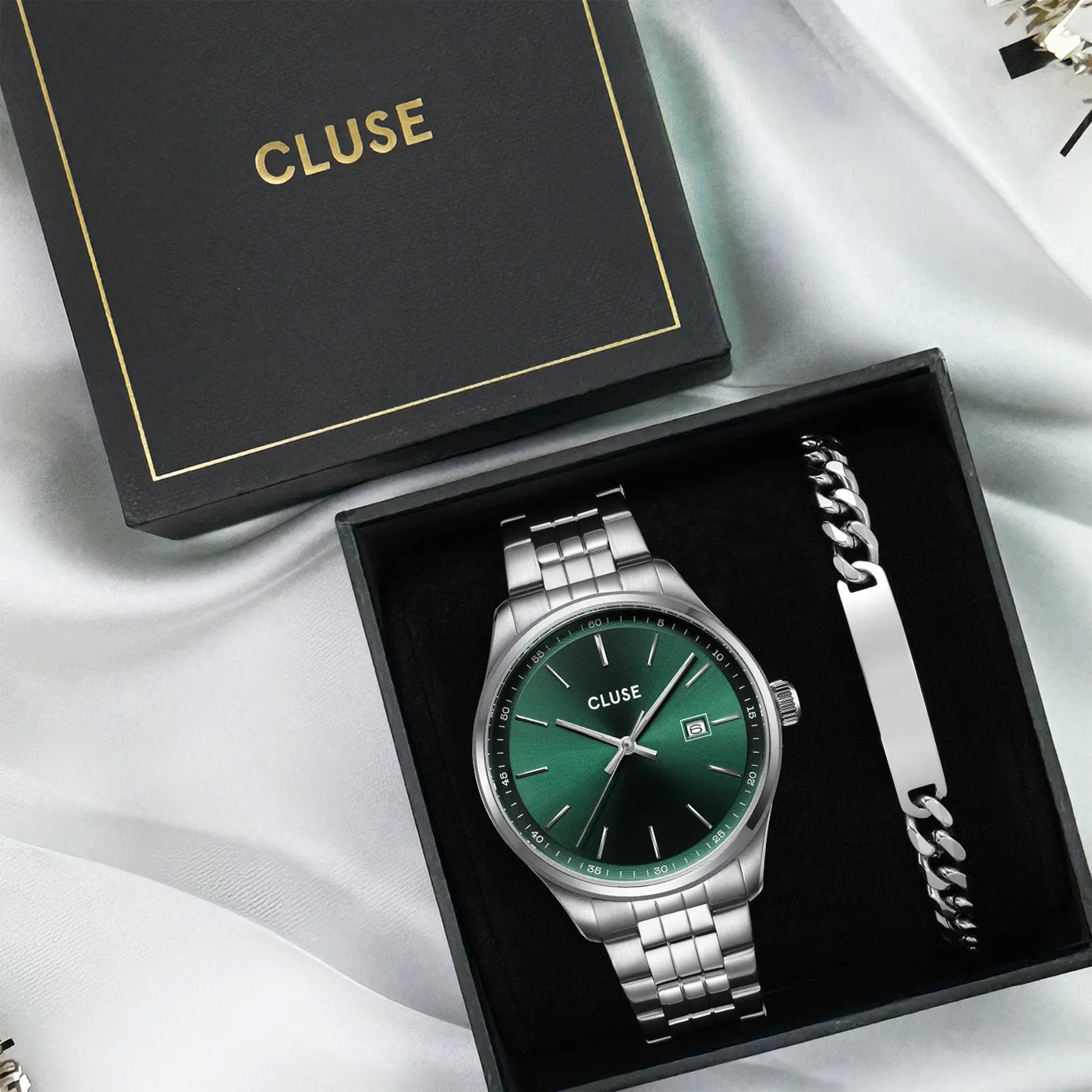 Gift Box Anthéor Steel Watch Green and Silver Chain Bracelet