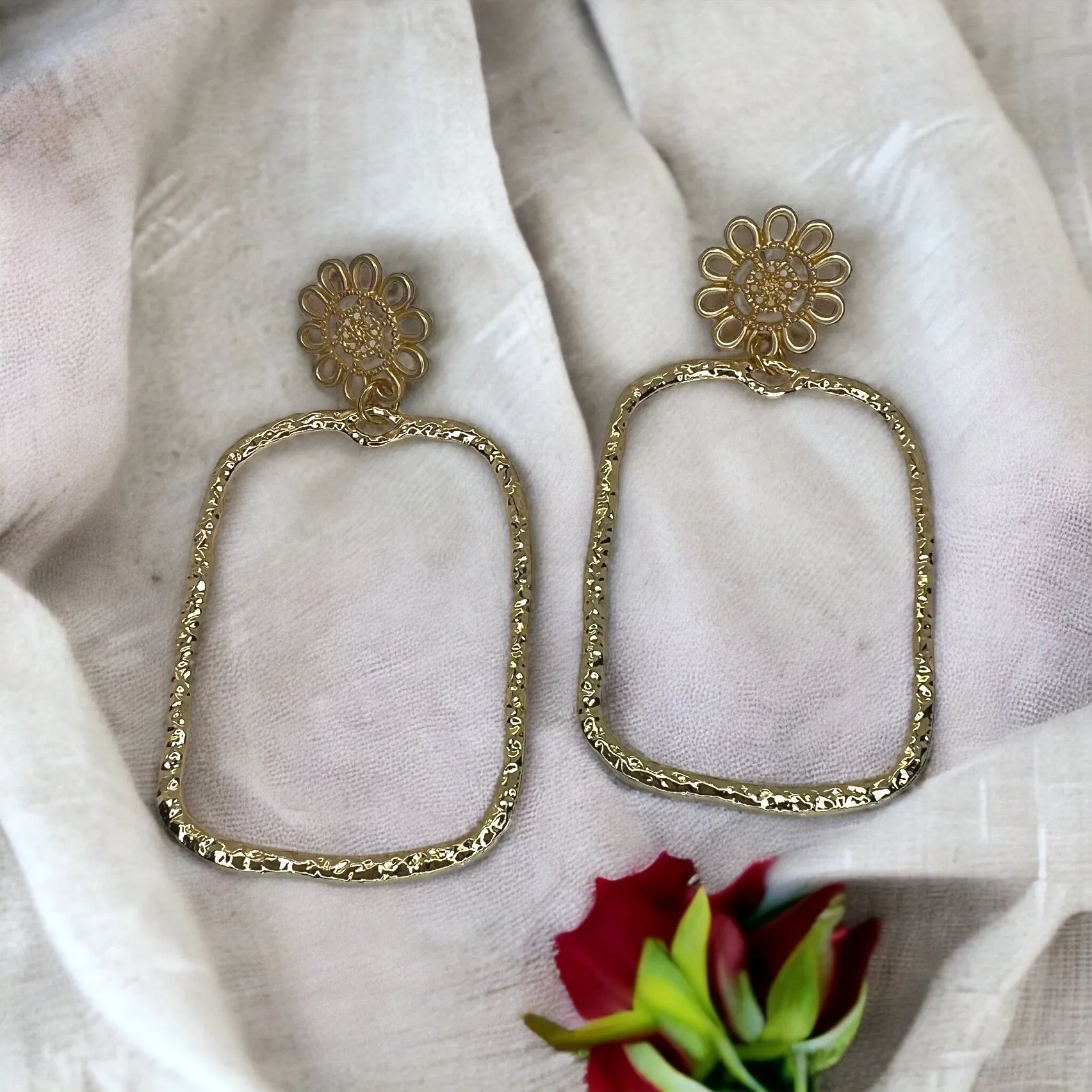 Gold Dangle Earrings - Gold Sparkle, Gold Earrings, Handmade Earrings, Flower Earrings, Gold Accessories