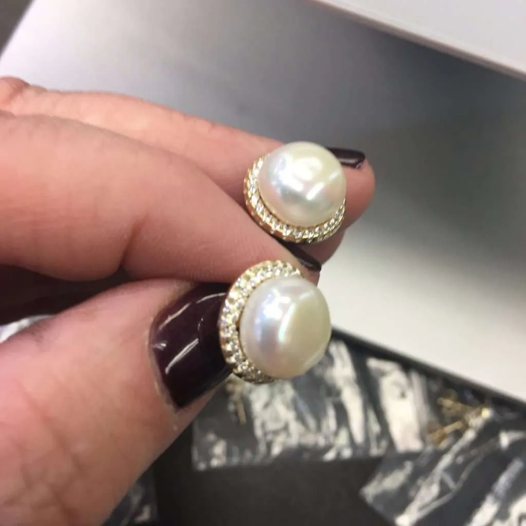 Gold Earrings With Center Pearl And CZ Halo