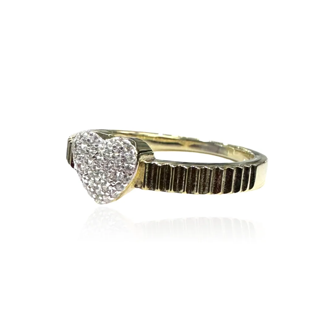 Gold Plated Diamond Cut Band Ring with Pave Heart