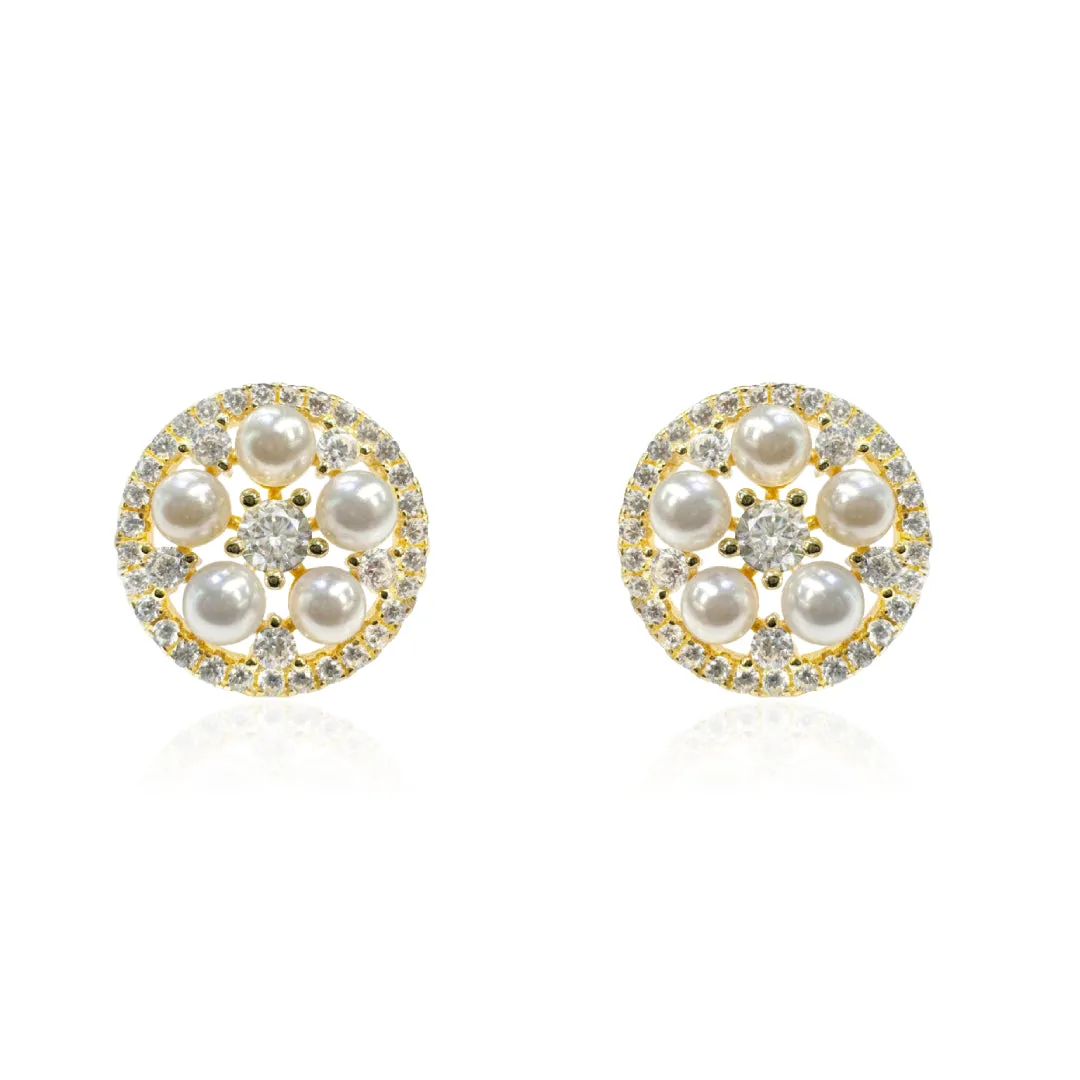 Gold Plated Round Earrings With Pearls And CZ Stones