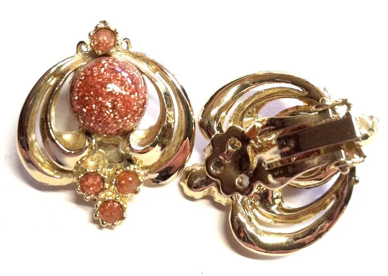 Goldstone Art Nouveau Clip Earrings circa 1960s