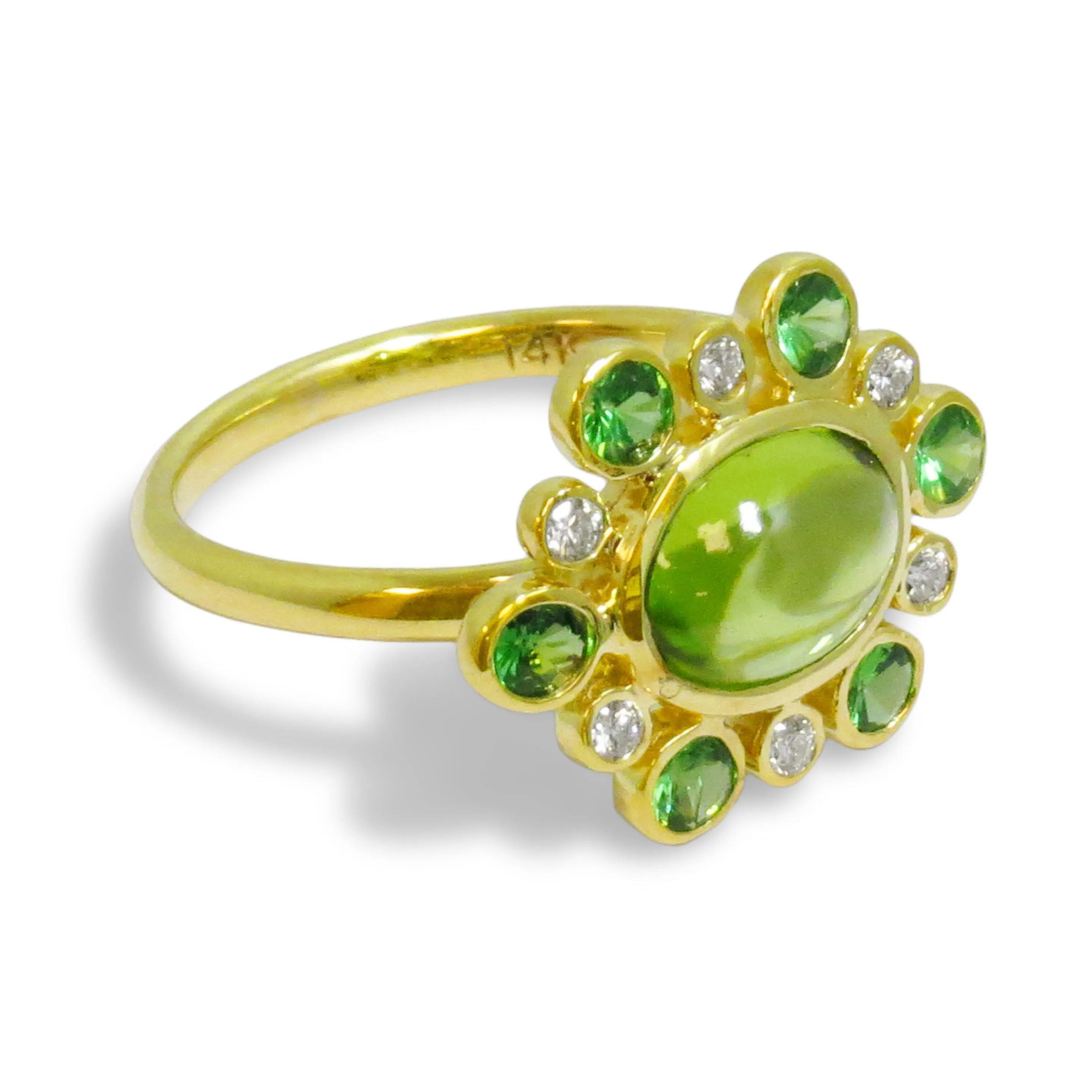 Green Peridot Tsavorite and Diamond Ring