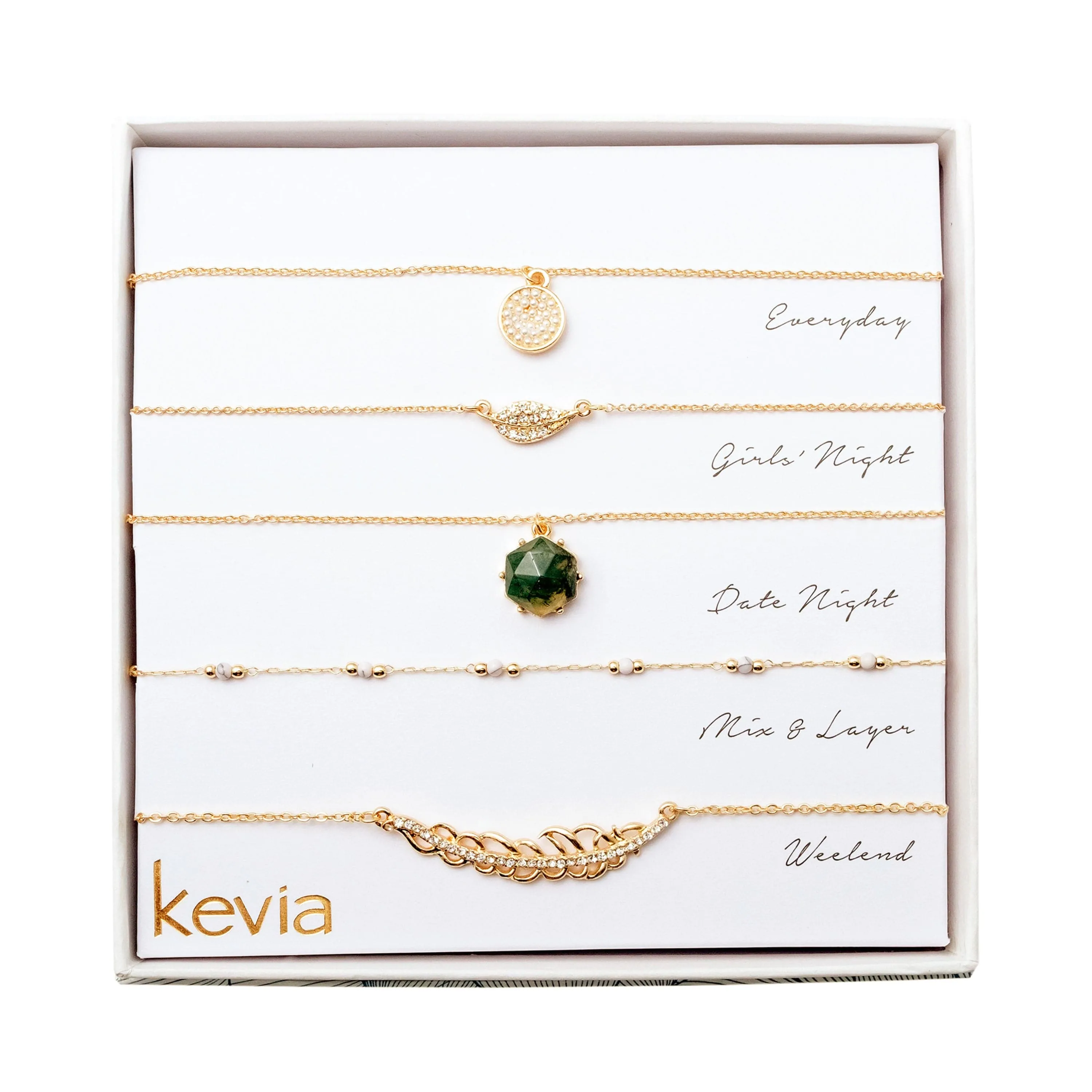 Green Stone & Gold Leaf Layered Necklace Set