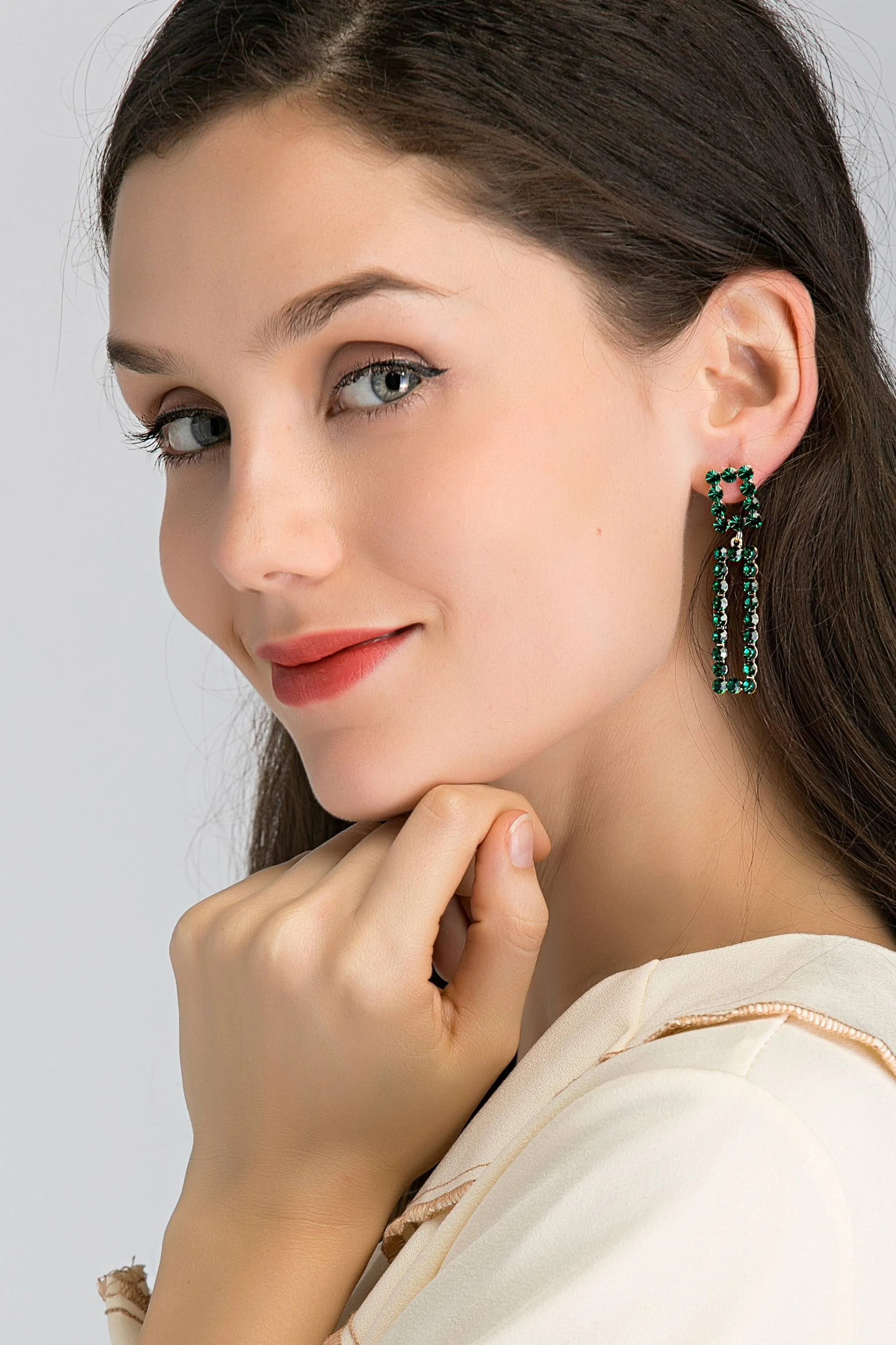 Green Stud Square and Rectangle Cut Out Drop Earrings