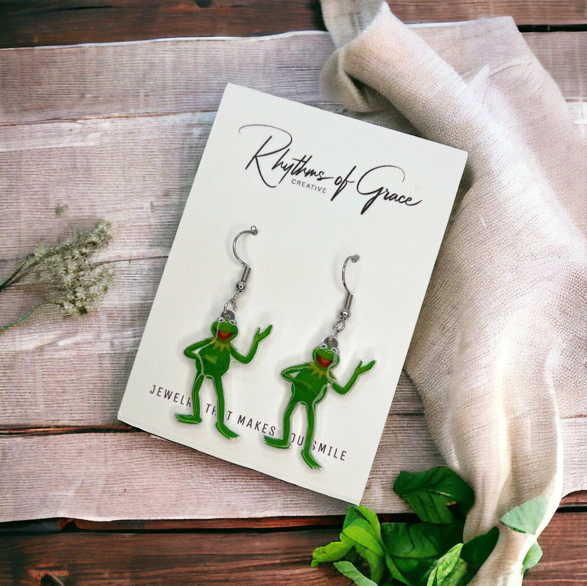 Kermit Earrings - Frog Earrings, Frog Prince, Frog Jewelry, Frog Accessories, Tadpole, Over the Rainbow, Amphibian, Toad Earrings