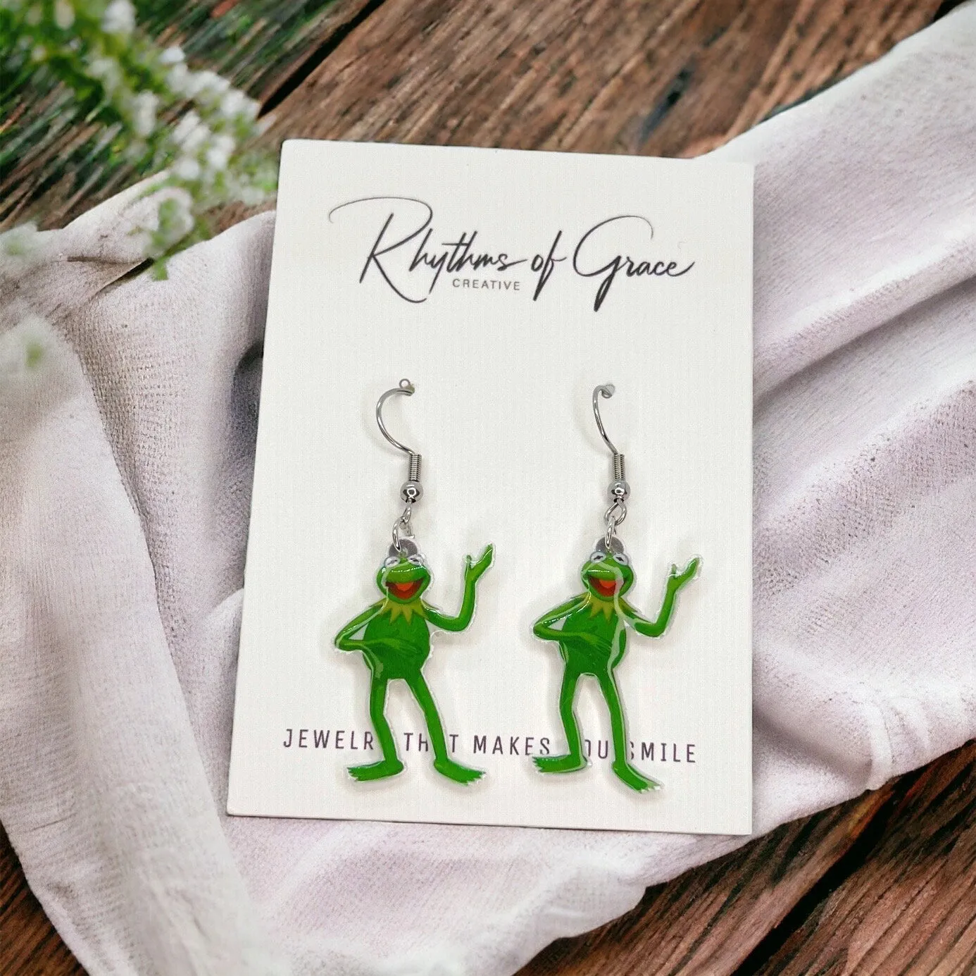 Kermit Earrings - Frog Earrings, Frog Prince, Frog Jewelry, Frog Accessories, Tadpole, Over the Rainbow, Amphibian, Toad Earrings